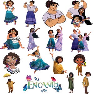 May include: A selection of cartoon character illustrations from the film Encanto. The images showcase various characters in bright outfits, with the film's title and butterfly graphics.
