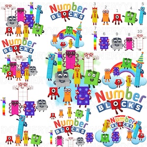May include: A collection of colorful Numberblocks characters, including blocks with numbers 1 through 10, rainbows, and the "Number Blocks" logo. The characters are in various poses, with different colors and patterns.