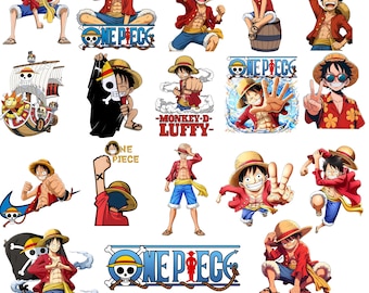 Könnte beinhalten: Eine Sammlung farbenfroher One Piece-Charakteraufkleber. Die Aufkleber zeigen die Figur Luffy in verschiedenen Posen, mit Strohhut und roter Jacke. Einige Aufkleber enthalten das One Piece-Logo und ein Schiff.