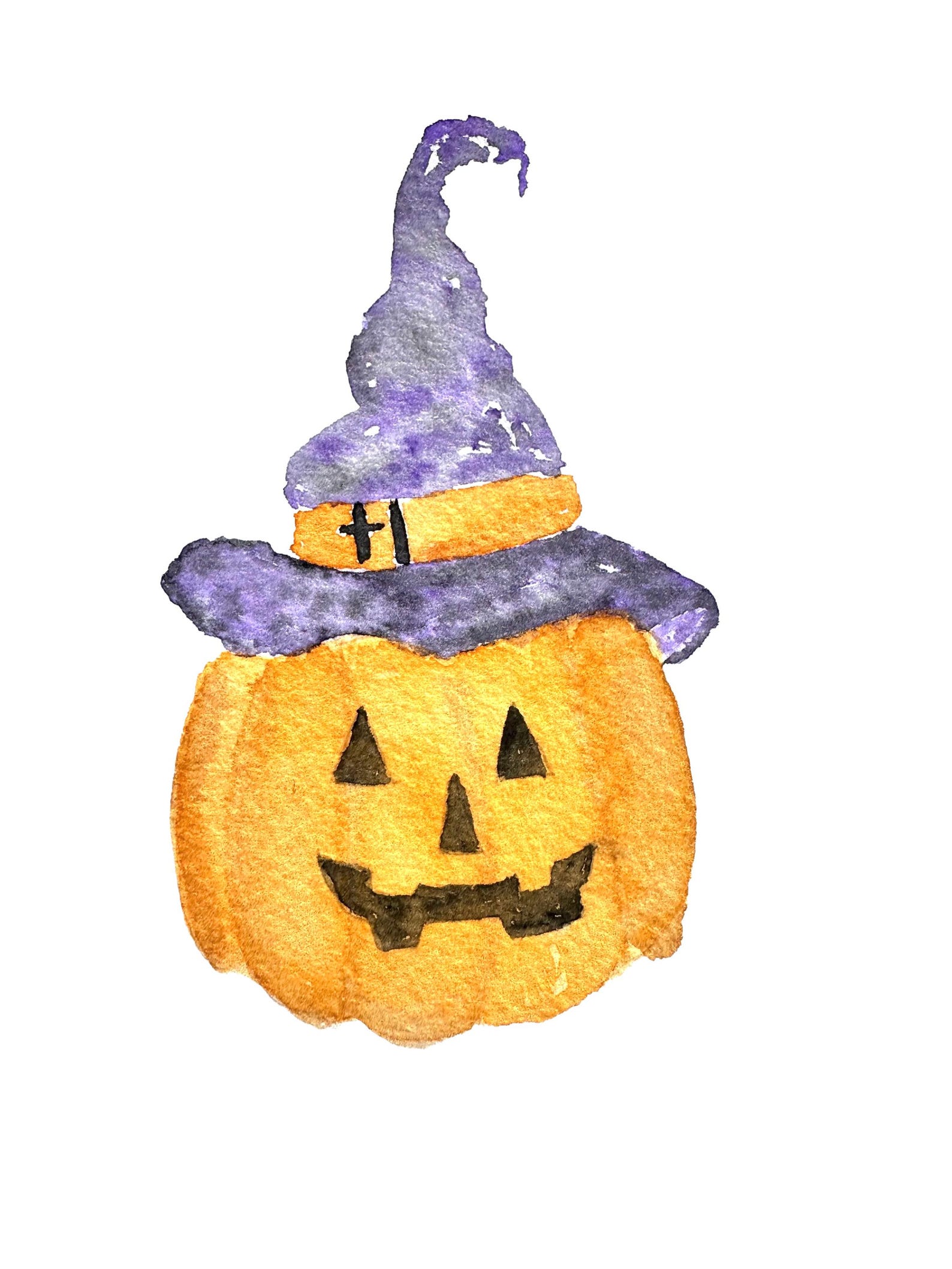 Watercolor Jackolantern With Witch Hat Halloween Art Print, Spooky