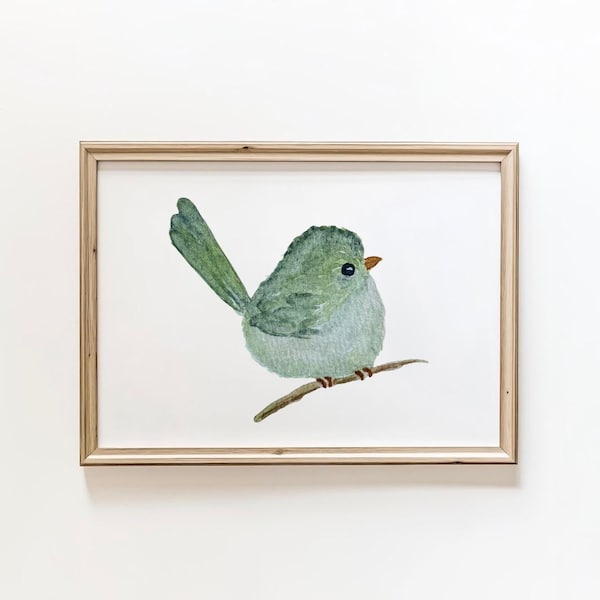 Lámina de pájaro en acuarela verde de mi pintura original, Ilustración de pájaro cantor, Decoración infantil