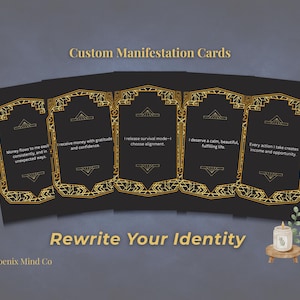 May include: Black custom manifestation cards with gold art deco style frames and affirmations. The cards read "Money flows to me consistently," "I receive money with gratitude," "I release survival mode," "I deserve a calm, beautiful life," and "Every action I take creates income." The text "Rewrite Your Identity" is also present.