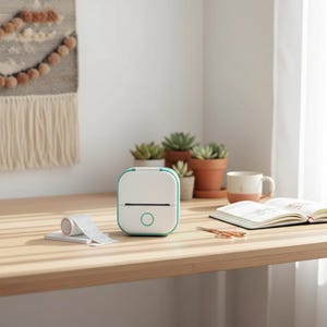 Puede incluir: Una rotuladora blanca y turquesa está sobre un escritorio de madera junto a un rollo de cinta de etiquetas. La impresora tiene un botón turquesa circular y una ranura para etiquetas. Un cuaderno, una taza y plantas también están en el escritorio.