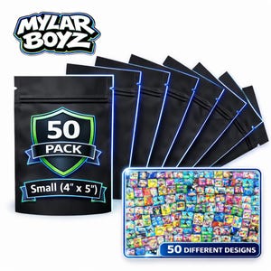 May include: A pack of 50 small black Mylar bags, each measuring 4" x 5", with a shield design indicating a 50-pack. The image also shows a collection of 50 different designs. The brand name "MYLAR BOYZ" is displayed at the top.