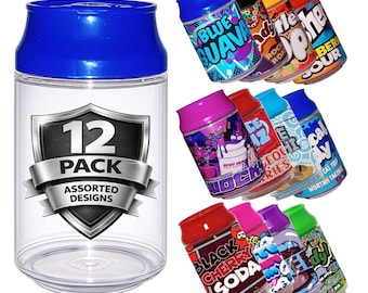 12 Pack Soda Can-Style Retail Packaging Containers with Lids – Assorted Wrap Designs