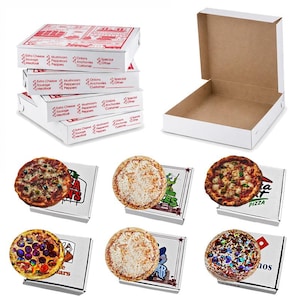 May include: A collection of pizza boxes, some stacked, and several pizzas. The boxes are white with red printing, listing pizza toppings. Several pizzas are visible, each on a box with a different logo. One box is open, showing the interior.