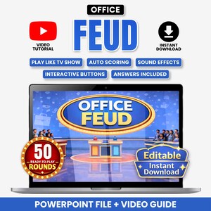 Puede incluir: Un juego digital titulado Office Feud en la pantalla de una computadora portátil, con 50 rondas listas para jugar, puntuación automática, efectos de sonido y botones interactivos. La interfaz incluye un tutorial en video y es editable.