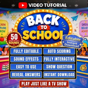 Puede incluir: Una plantilla de juego digital titulada Back to School con un gran marco ovalado azul, luces amarillas y 50 rondas listas para jugar. La interfaz incluye botones para totalmente editable, puntuación automática, efectos de sonido e interactivo.