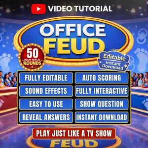 Puede incluir: Una plantilla de juego digital titulada Office Feud con un logotipo azul y amarillo, que incluye una insignia roja que indica 50 Ready-To-Play Rounds y una etiqueta azul para Editable Instant Download. La interfaz contiene botones para efectos de sonido y puntuación.