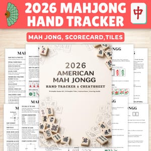 May include: A 2026 American Mah Jongg hand tracker and cheatsheet kit featuring printed instructions, scoring guides, and game rules. The central document displays the title 2026 American Mah Jongg Hand Tracker & Cheatsheet surrounded by scattered mahjong tiles.