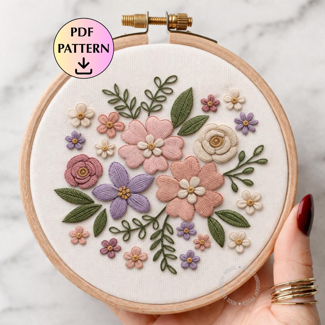Hand Embroidery Flowers Pattern PDF, Botanical Floral Hoop Design, Hand ...