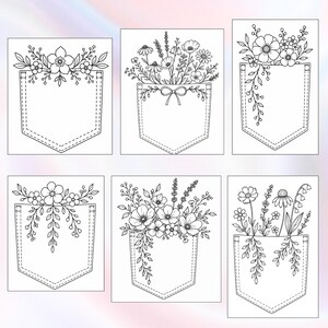 May include: A set of six black and white line art illustrations featuring various floral arrangements emerging from stitched shirt pockets. Each design displays different botanical elements, including wildflowers, leaves, and stems, rendered in a clean, minimalist style suitable for coloring or embroidery patterns.