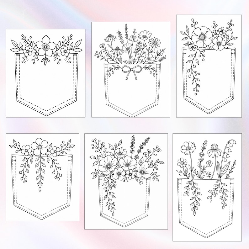 May include: A set of six black and white line art illustrations featuring various floral arrangements emerging from stitched shirt pockets. Each design displays different botanical elements, including wildflowers, leaves, and stems, rendered in a clean, minimalist style suitable for coloring or embroidery patterns.