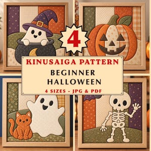 May include: A Kinusaiga pattern set for beginners featuring four Halloween designs: a ghost in a cauldron, a jack-o'-lantern, a ghost with a cat, and a skeleton. The text reads 4 KINUSAIGA PATTERN BEGINNER HALLOWEEN 4 SIZES - JPG & PDF.