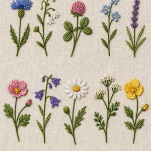 May include: Embroidered floral design featuring various wildflowers in shades of blue, pink, white, and yellow. The flowers include a thistle, lily of the valley, clover, forget-me-nots, lavender, poppy, bluebell, daisy, yarrow, and buttercup. The embroidery is on a cream-colored fabric.