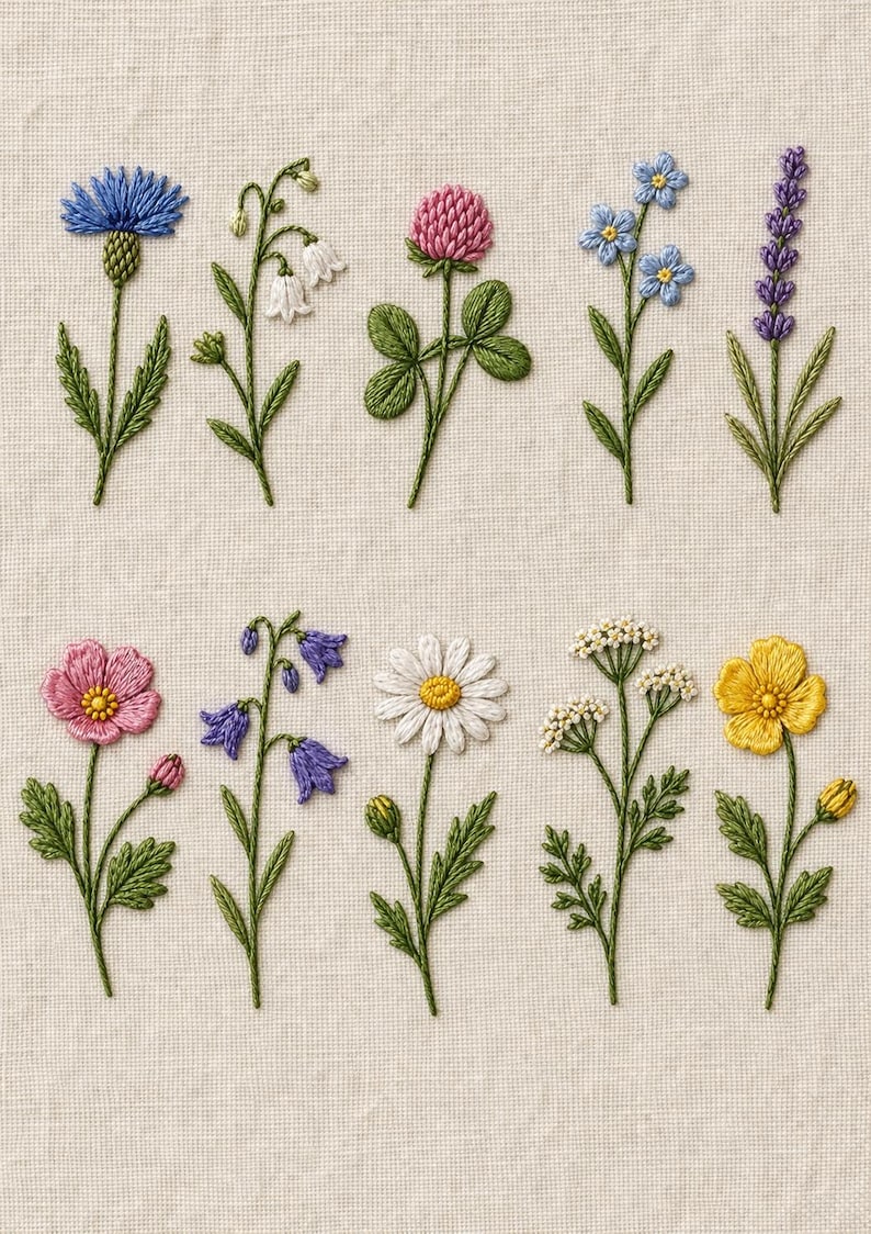 May include: Embroidered floral design featuring various wildflowers in shades of blue, pink, white, and yellow. The flowers include a thistle, lily of the valley, clover, forget-me-nots, lavender, poppy, bluebell, daisy, yarrow, and buttercup. The embroidery is on a cream-colored fabric.