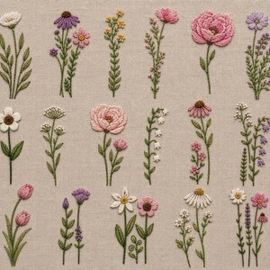 May include: Embroidered floral design featuring various flowers in shades of pink, purple, yellow, and white. The flowers are set against a neutral beige fabric background. The embroidery showcases detailed stitching and a variety of floral types.