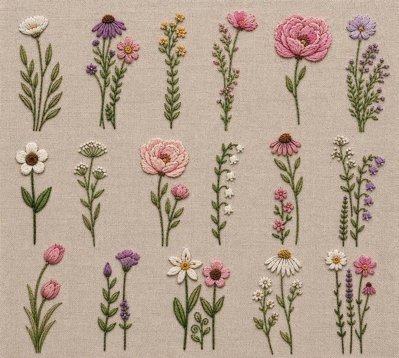 May include: Embroidered floral design featuring various flowers in shades of pink, purple, yellow, and white. The flowers are set against a neutral beige fabric background. The embroidery showcases detailed stitching and a variety of floral types.