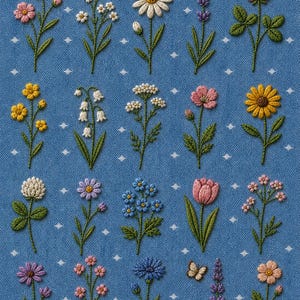 May include: A blue fabric with a repeating pattern of white dots, embroidered with various colorful flowers and a butterfly. The flowers include daisies, tulips, and other floral designs, each with green stems and leaves.