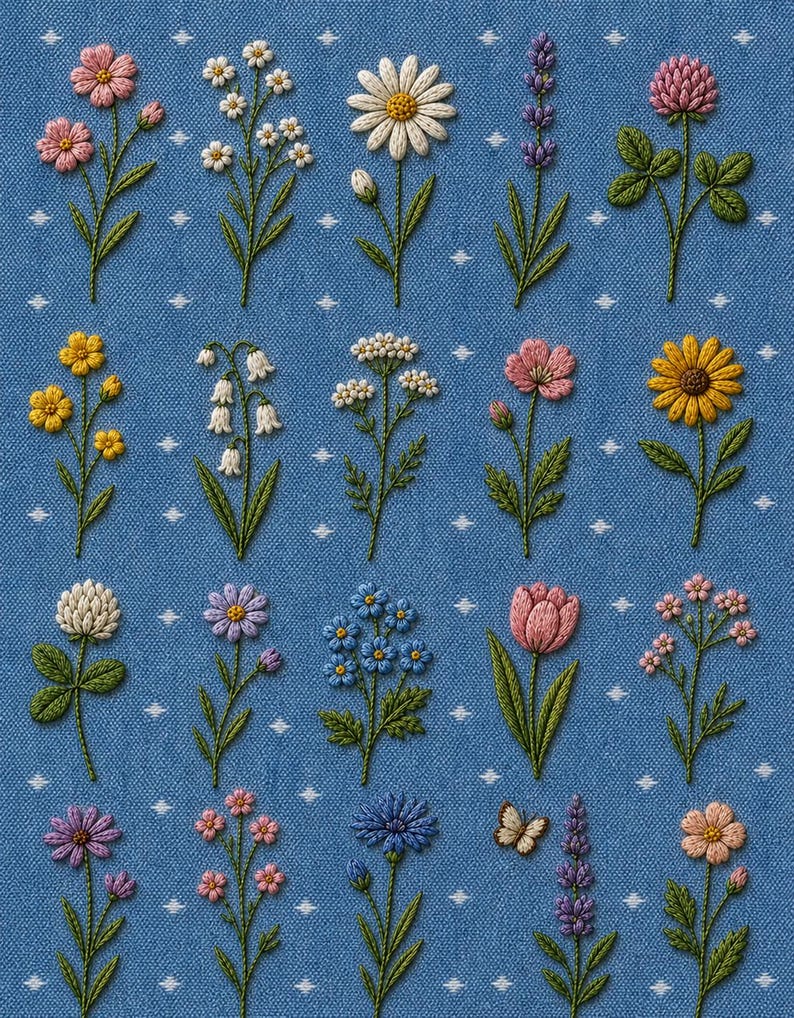 May include: A blue fabric with a repeating pattern of white dots, embroidered with various colorful flowers and a butterfly. The flowers include daisies, tulips, and other floral designs, each with green stems and leaves.