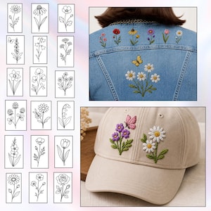 May include: A collection of floral embroidery designs and a denim jacket and baseball cap with floral embroidery. The jacket features colorful embroidered flowers and a butterfly. The cap has embroidered flowers and a butterfly. The floral designs are in black and white.