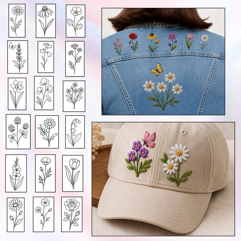 May include: A collection of floral embroidery designs and a denim jacket and baseball cap with floral embroidery. The jacket features colorful embroidered flowers and a butterfly. The cap has embroidered flowers and a butterfly. The floral designs are in black and white.