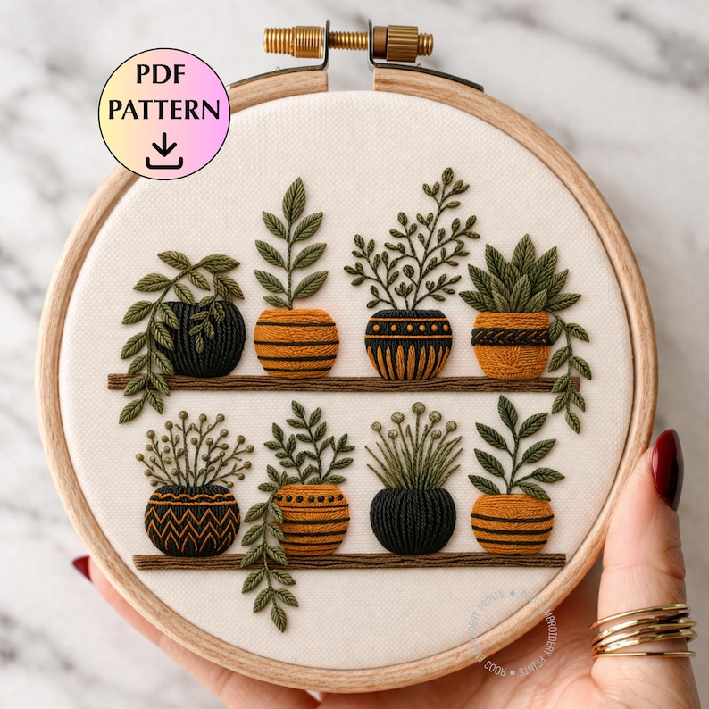 Plant Shelf Hand Embroidery Pattern PDF | Houseplant Shelf Embroidery ...