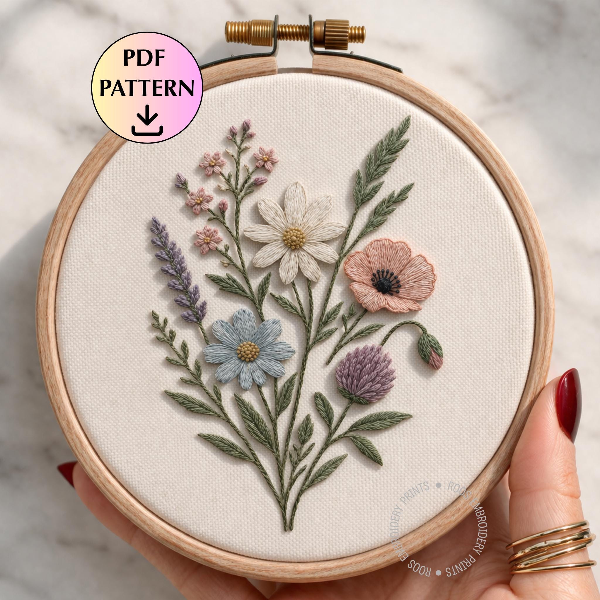 Wildflower Meadow Embroidery Pattern PDF, Botanical Floral Hoop Design ...