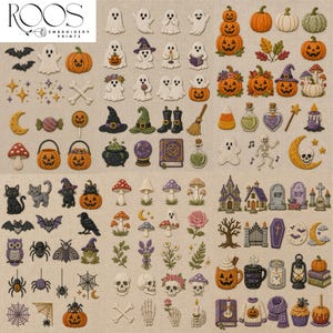 May include: A collection of embroidered Halloween-themed patches featuring ghosts, pumpkins, skulls, bats, spiders, mushrooms, and witchy items like cauldrons, spellbooks, and potions. The set includes various seasonal icons on a neutral fabric background.