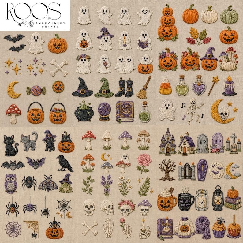 May include: A collection of embroidered Halloween-themed patches featuring ghosts, pumpkins, skulls, bats, spiders, mushrooms, and witchy items like cauldrons, spellbooks, and potions. The set includes various seasonal icons on a neutral fabric background.