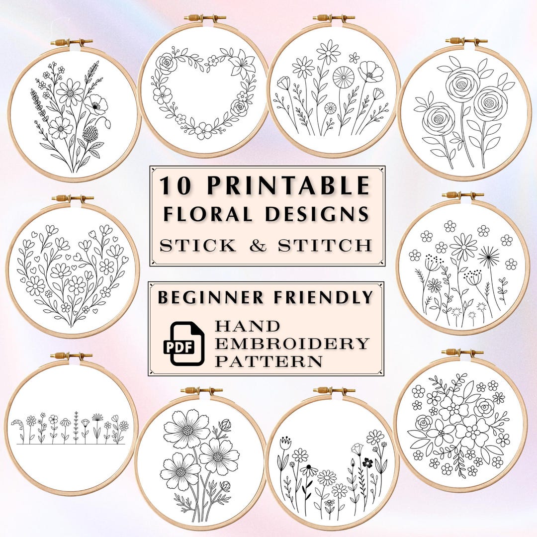 10 Flowers Hand Embroidery Pattern Bundle, Easy Floral Embroidery ...