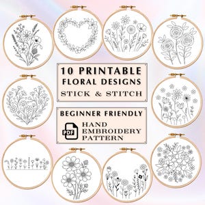 Puede incluir: Diez diseños florales imprimibles para bordado a mano se muestran en aros de madera. Los diseños incluyen varias flores y una forma de corazón. El texto en la imagen dice: "10 Diseños Florales Imprimibles Stick & Stitch Principiante Patrón de Bordado a Mano".