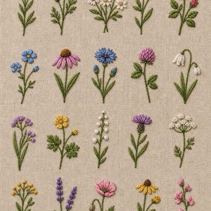 May include: Embroidered floral design featuring various colorful flowers, including roses, daisies, and poppies, on a beige fabric background. The detailed needlework showcases a variety of flower types and colors, with green stems and leaves.