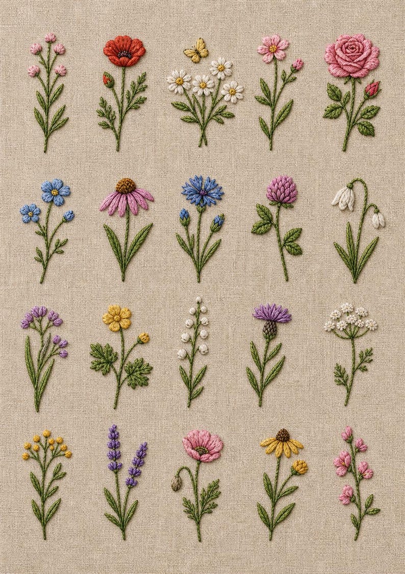 May include: Embroidered floral design featuring various colorful flowers, including roses, daisies, and poppies, on a beige fabric background. The detailed needlework showcases a variety of flower types and colors, with green stems and leaves.