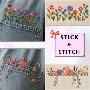 May include: Stick & Stitch embroidery patterns featuring colourful floral designs. The set includes various flower motifs in shades of pink, purple, blue, orange, and yellow with green leaves, shown applied to denim fabric and on a light beige fabric background.