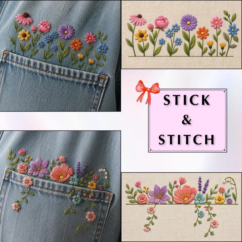 May include: Stick & Stitch embroidery patterns featuring colourful floral designs. The set includes various flower motifs in shades of pink, purple, blue, orange, and yellow with green leaves, shown applied to denim fabric and on a light beige fabric background.