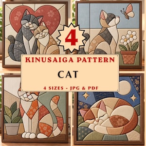 May include: A Kinusaiga pattern set featuring four cat designs in square wooden frames. The images show cats in various poses with floral fabric textures, including a pair of cats, a cat with a butterfly, a cat with a plant, and a sleeping cat.