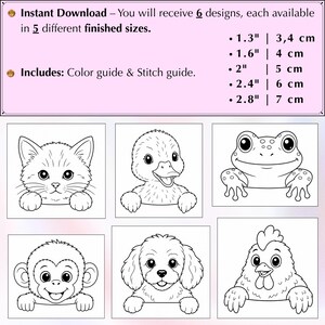 Peut inclure: Une collection num&eacute;rique de 6 motifs de broderie animali&egrave;re repr&eacute;sentant un chaton, un caneton, une grenouille, un singe, un chiot et un poulet. Le texte indique : 6 designs disponibles en 5 tailles finies : 3,4 cm, 4 cm, 5 cm, 6 cm, 7 cm.