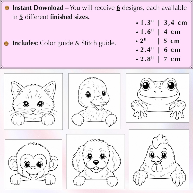 Peut inclure: Une collection num&eacute;rique de 6 motifs de broderie animali&egrave;re repr&eacute;sentant un chaton, un caneton, une grenouille, un singe, un chiot et un poulet. Le texte indique : 6 designs disponibles en 5 tailles finies : 3,4 cm, 4 cm, 5 cm, 6 cm, 7 cm.