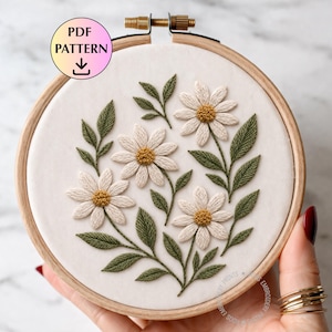 Handbroderimönster för prästkrageblomma PDF, broderimönster för prästkragar, vita blommiga prästkragar, blomma för aprils födelsemånad, digital nedladdning