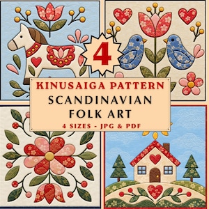 May include: A Kinusaiga pattern set featuring Scandinavian folk art designs. The image displays four colorful quilted squares showing a horse, birds, a flower, and a house, alongside black and white line art templates with text 4 KINUSAIGA PATTERN SCANDINAVIAN FOLK ART 4 SIZES - JPG & PDF.