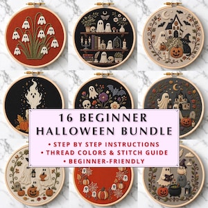 May include: A collection of eight circular embroidery hoops featuring Halloween-themed designs with ghosts, pumpkins, skulls, and haunted houses. A central text box reads 16 BEGINNER HALLOWEEN BUNDLE, STEP BY STEP INSTRUCTIONS, THREAD COLORS & STITCH GUIDE, BEGINNER-FRIENDLY.