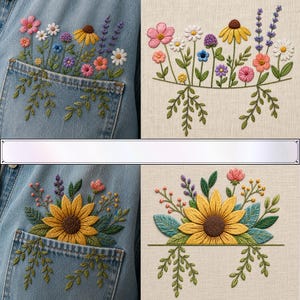 May include: Two sets of floral embroidery designs. The top features a variety of colourful wildflowers in pink, white, yellow, and purple. The bottom features a large yellow sunflower surrounded by green leaves and small pink and yellow buds.