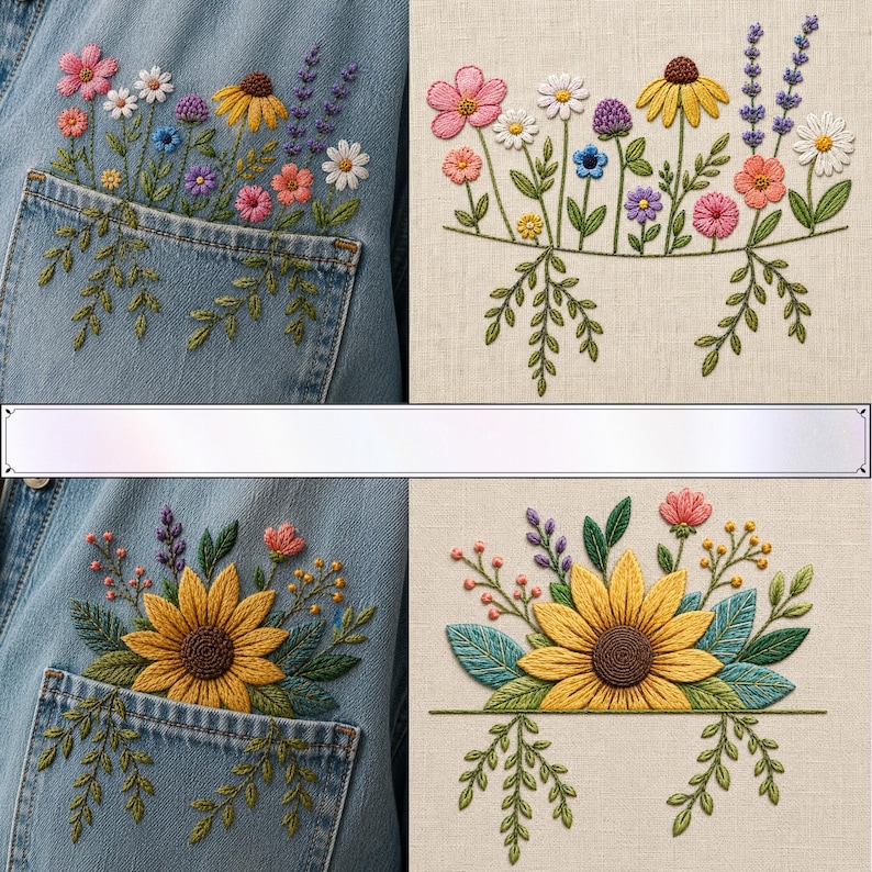 May include: Two sets of floral embroidery designs. The top features a variety of colourful wildflowers in pink, white, yellow, and purple. The bottom features a large yellow sunflower surrounded by green leaves and small pink and yellow buds.