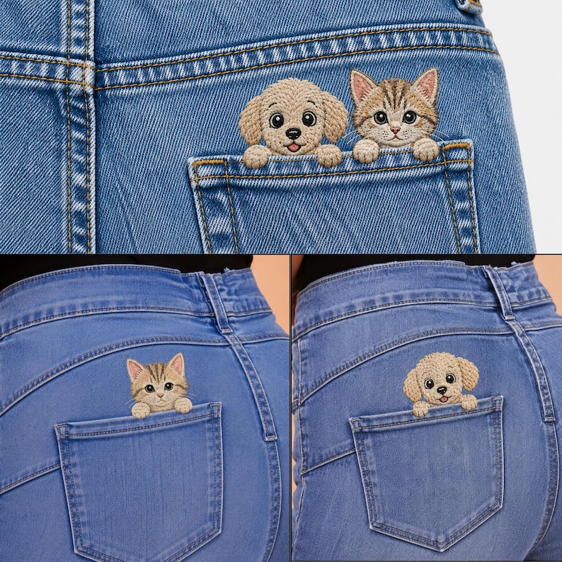 Peut inclure: Jean en denim bleu clair avec des &eacute;cussons brod&eacute;s sur les poches arri&egrave;re. Une poche montre un chiot beige et un chaton tigr&eacute; brun qui d&eacute;passent. Les autres poches pr&eacute;sentent des &eacute;cussons individuels du m&ecirc;me chaton ou du chiot.