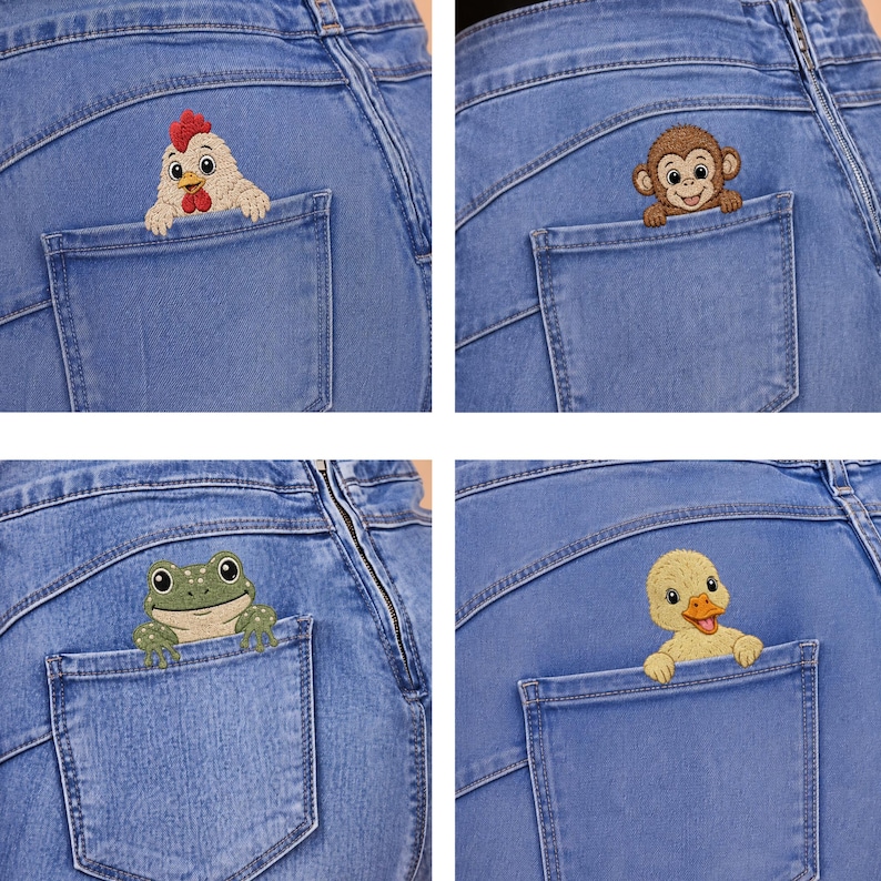 Peut inclure: Un collage de quatre poches en jean bleu clair, chacune pr&eacute;sentant un animal de dessin anim&eacute; brod&eacute; d&eacute;passant du haut. Les animaux incluent un poulet blanc, un singe brun, une grenouille verte et un caneton jaune, tous dans un style d&eacute;taill&eacute;.