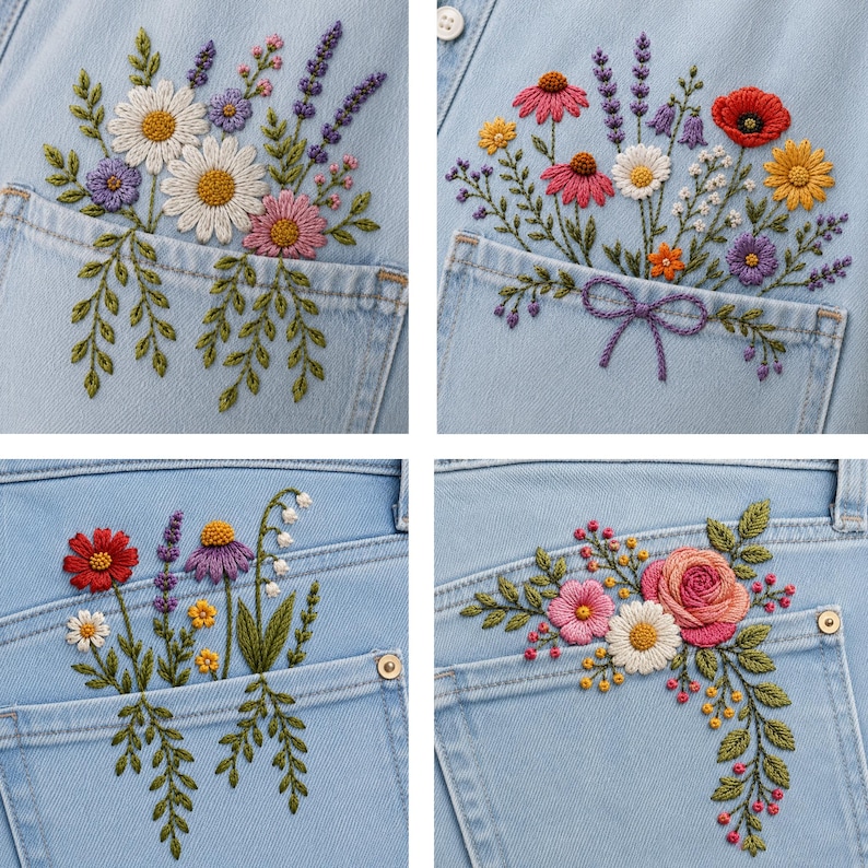 May include: A collage of four light blue denim pockets featuring intricate floral embroidery. The designs include various colorful wildflowers, daisies, lavender, poppies, and roses, with green stems and leaves stitched directly onto the fabric.
