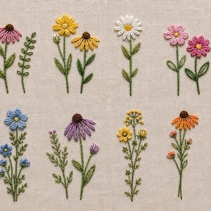 May include: An assortment of colorful, embroidered flowers on a neutral linen background. The flowers include lavender, daisies, coneflowers, and poppies, each with detailed stitching and vibrant colors. The stems and leaves are green.