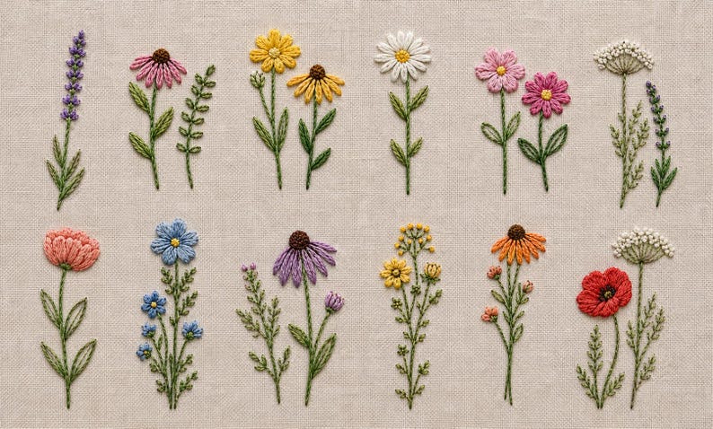May include: An assortment of colorful, embroidered flowers on a neutral linen background. The flowers include lavender, daisies, coneflowers, and poppies, each with detailed stitching and vibrant colors. The stems and leaves are green.