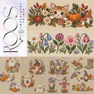 May include: A collection of embroidery prints featuring a kitten peeking through autumn flowers, pumpkins, and mushrooms, alongside various seasonal motifs including ghosts, gnomes, scarecrows, umbrellas, and boots on a beige fabric background.